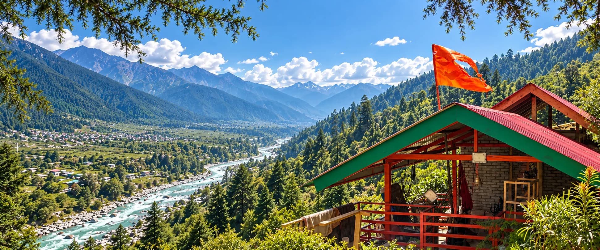 Manali Ashram with its saffron flag, overlooking the Kullu valley and the Beas river